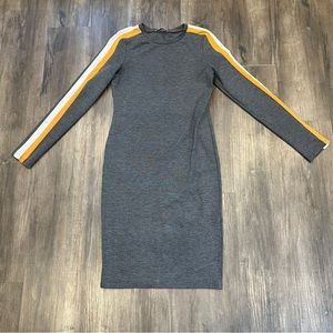 Zara grey long sleeve bodycon midi dress yellow white stripe sleeve size large